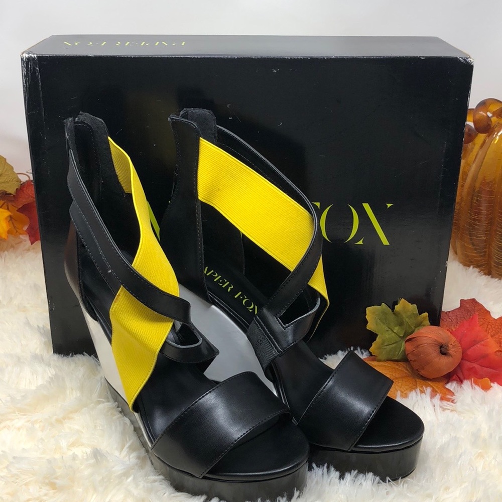 Paper Fox Black White and Yellow Platform Wedges